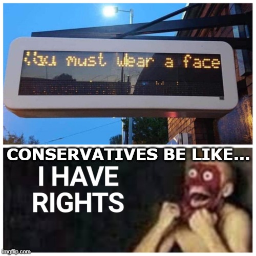 I HAVE RIGHTS | CONSERVATIVES BE LIKE... | image tagged in conservatives,coronavirus,face mask,rights,protest | made w/ Imgflip meme maker