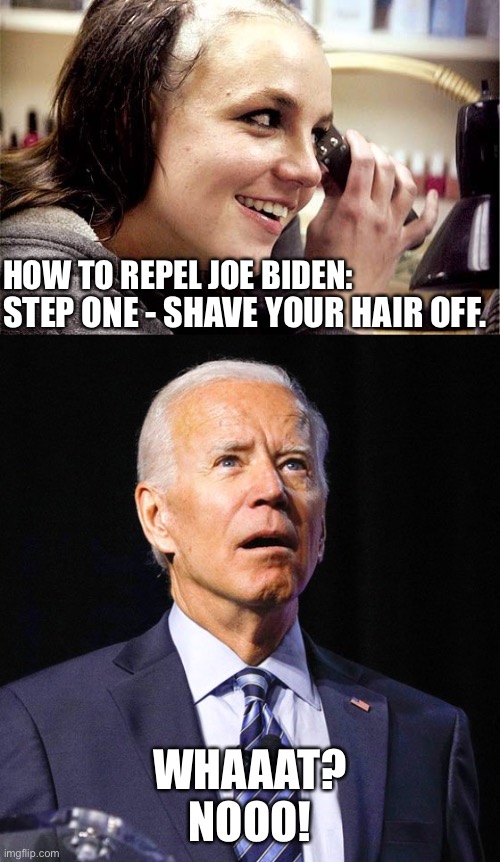 Joe Biden does not sniff bald heads | HOW TO REPEL JOE BIDEN:; STEP ONE - SHAVE YOUR HAIR OFF. WHAAAT? NOOO! | image tagged in britney spears shaved head,joe biden,memes,hair,bad joke,pervert | made w/ Imgflip meme maker