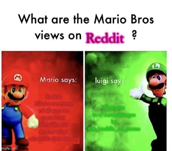 What are mario and luigis reviews on Reddit? | Reddit; Reddit Allows everyone of all ages to post what they like, no matter what subreddit they are on. Welcome to r/cursedimages by the_waddle_of_meme | image tagged in mario bros views | made w/ Imgflip meme maker