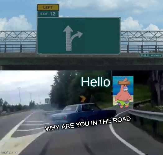 Left Exit 12 Off Ramp Meme | Hello; WHY ARE YOU IN THE ROAD | image tagged in memes,left exit 12 off ramp | made w/ Imgflip meme maker