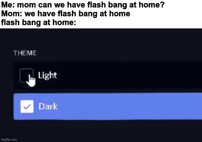 flash bang at home |  Me: mom can we have flash bang at home?
Mom: we have flash bang at home
flash bang at home: | image tagged in flash bang,discord,gaming,mom,at home | made w/ Imgflip meme maker
