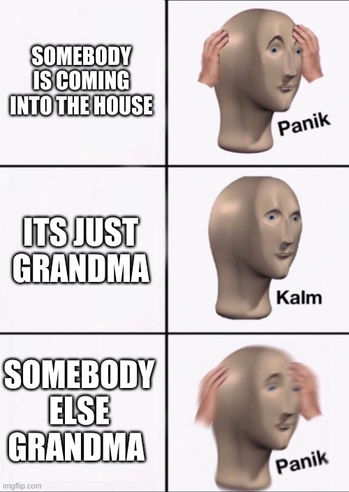 Stonks Panic Calm Panic | SOMEBODY IS COMING INTO THE HOUSE; ITS JUST GRANDMA; SOMEBODY ELSE GRANDMA | image tagged in stonks panic calm panic | made w/ Imgflip meme maker