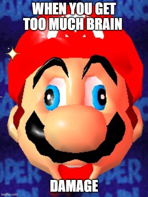 Derp mario | WHEN YOU GET TOO MUCH BRAIN; DAMAGE | image tagged in derp mario | made w/ Imgflip meme maker