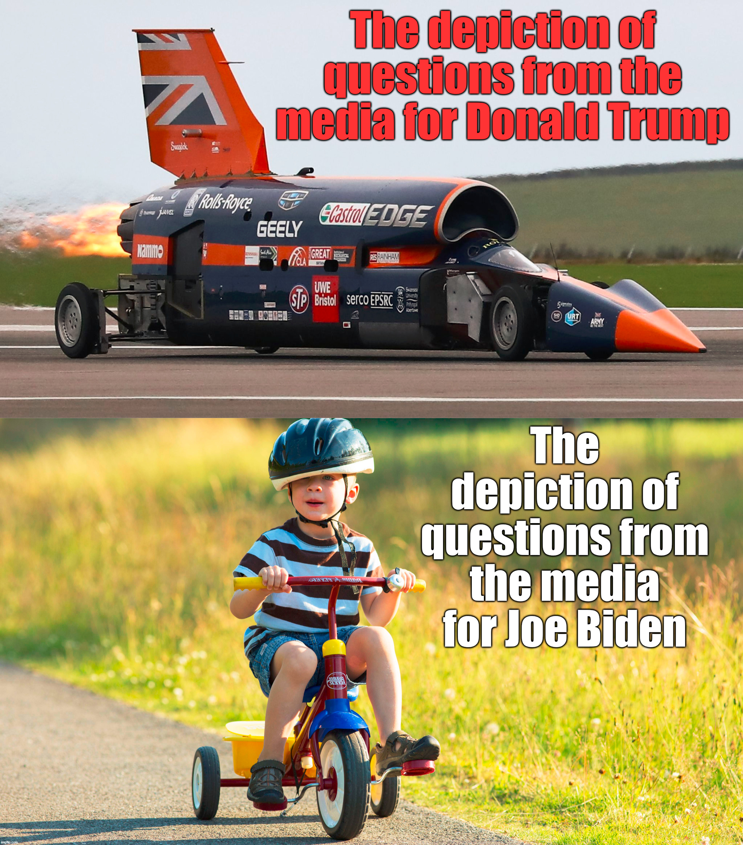 The safety helmet represents the teleprompter Biden uses and still gets what he says wrong. | The depiction of questions from the media for Donald Trump; The depiction of questions from the media for Joe Biden | image tagged in joe biden,donald trump,media bias,questions | made w/ Imgflip meme maker