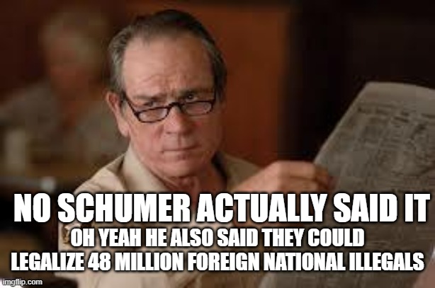 no country for old men tommy lee jones | NO SCHUMER ACTUALLY SAID IT OH YEAH HE ALSO SAID THEY COULD LEGALIZE 48 MILLION FOREIGN NATIONAL ILLEGALS | image tagged in no country for old men tommy lee jones | made w/ Imgflip meme maker