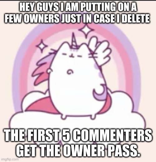 Unicorn pusheen | HEY GUYS I AM PUTTING ON A FEW OWNERS JUST IN CASE I DELETE; THE FIRST 5 COMMENTERS GET THE OWNER PASS. | image tagged in unicorn pusheen | made w/ Imgflip meme maker
