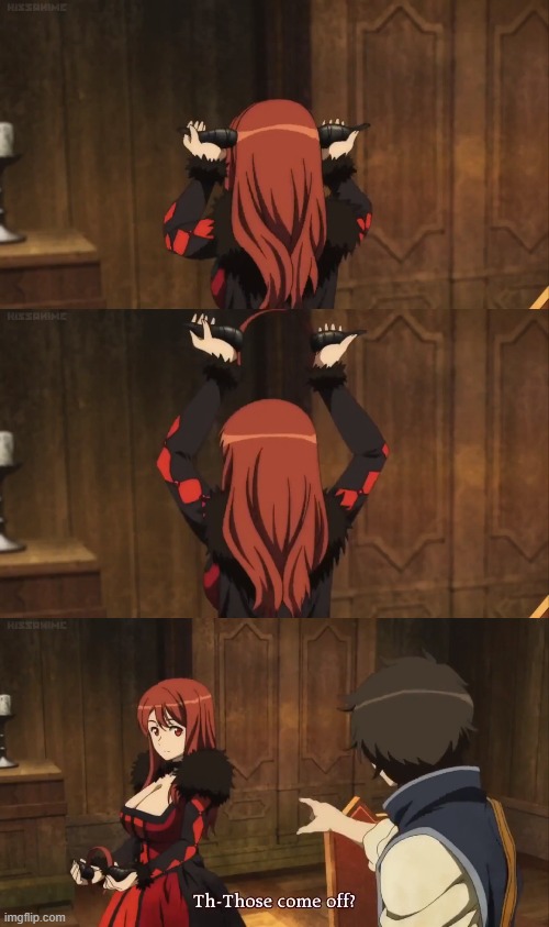 High Quality Maoyuu: Demon Queen taking horns off in front of Hero Blank Meme Template