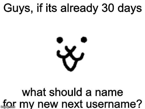 I has some question | Guys, if its already 30 days; what should a name for my new next username? | image tagged in memes,funny,question,undertale,stream,cats | made w/ Imgflip meme maker