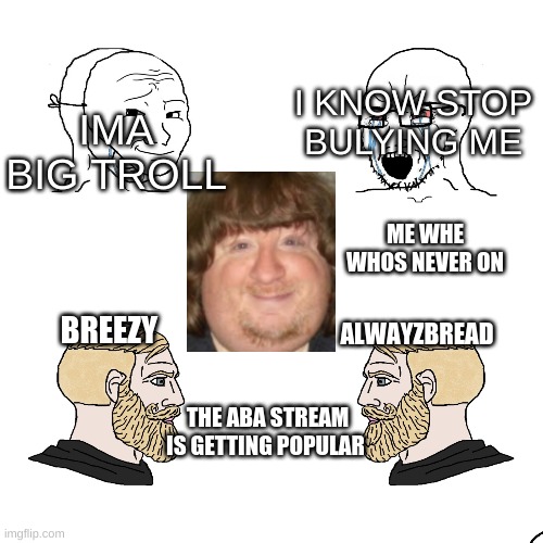 chad | I KNOW STOP BULYING ME; IMA BIG TROLL; ME WHE WHOS NEVER ON; ALWAYZBREAD; BREEZY; THE ABA STREAM IS GETTING POPULAR | image tagged in chad | made w/ Imgflip meme maker