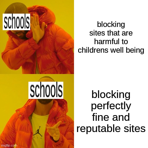 it really do be like that sometimes | blocking sites that are harmful to childrens well being; blocking perfectly fine and reputable sites | image tagged in memes,school,irony,websites,injustice | made w/ Imgflip meme maker