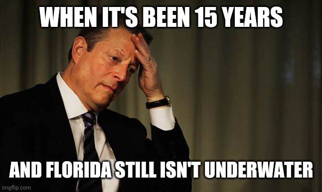 Al Gore Facepalm | WHEN IT'S BEEN 15 YEARS AND FLORIDA STILL ISN'T UNDERWATER | image tagged in al gore facepalm | made w/ Imgflip meme maker