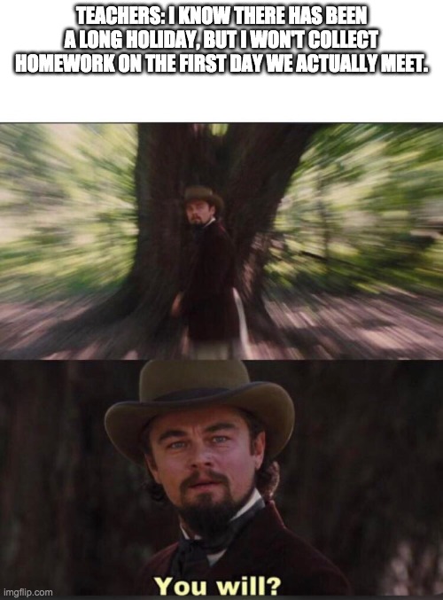 You will? Leonardo, django | TEACHERS: I KNOW THERE HAS BEEN A LONG HOLIDAY, BUT I WON'T COLLECT HOMEWORK ON THE FIRST DAY WE ACTUALLY MEET. | image tagged in you will leonardo django,teachers | made w/ Imgflip meme maker