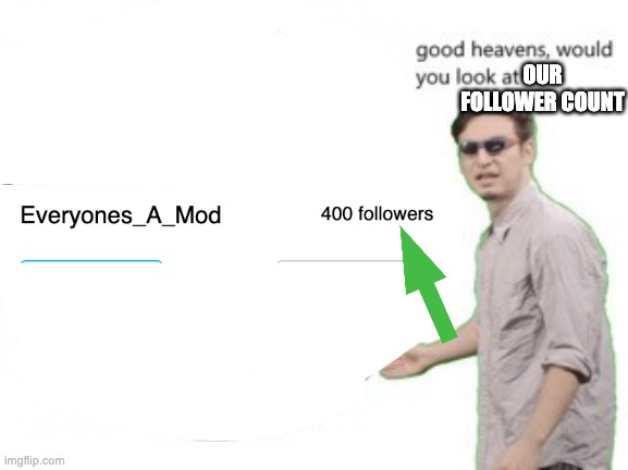 400 followers! | OUR FOLLOWER COUNT | image tagged in good heavens would you look at the time | made w/ Imgflip meme maker
