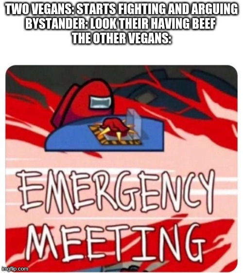 wait if two vegans fight is it still called a beef? | TWO VEGANS: STARTS FIGHTING AND ARGUING
BYSTANDER: LOOK THEIR HAVING BEEF 
THE OTHER VEGANS: | image tagged in emergency meeting among us,memes,dank memes,vegans,among us | made w/ Imgflip meme maker