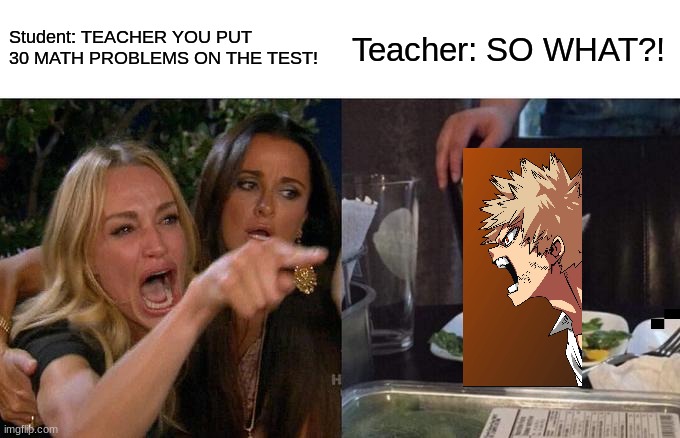 Woman Yelling At Cat Meme | Student: TEACHER YOU PUT 30 MATH PROBLEMS ON THE TEST! Teacher: SO WHAT?! | image tagged in memes,woman yelling at cat | made w/ Imgflip meme maker