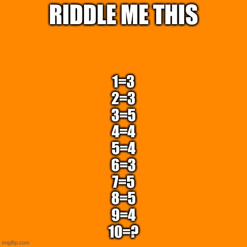 Riddle Me This | RIDDLE ME THIS; 1=3
2=3
3=5
4=4
5=4
6=3
7=5
8=5
9=4
10=? | image tagged in memes,blank transparent square | made w/ Imgflip meme maker