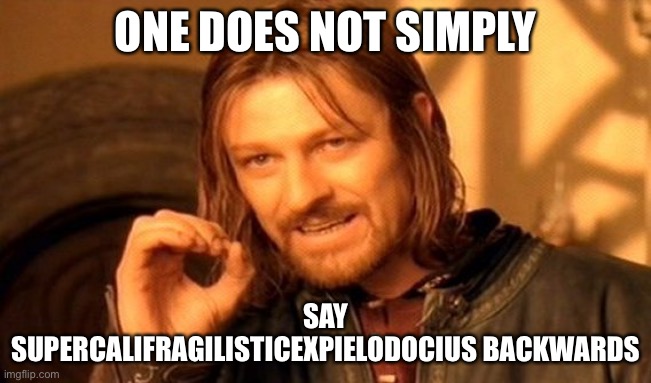 One Does Not Simply | ONE DOES NOT SIMPLY; SAY SUPERCALIFRAGILISTICEXPIELODOCIUS BACKWARDS | image tagged in memes,one does not simply | made w/ Imgflip meme maker