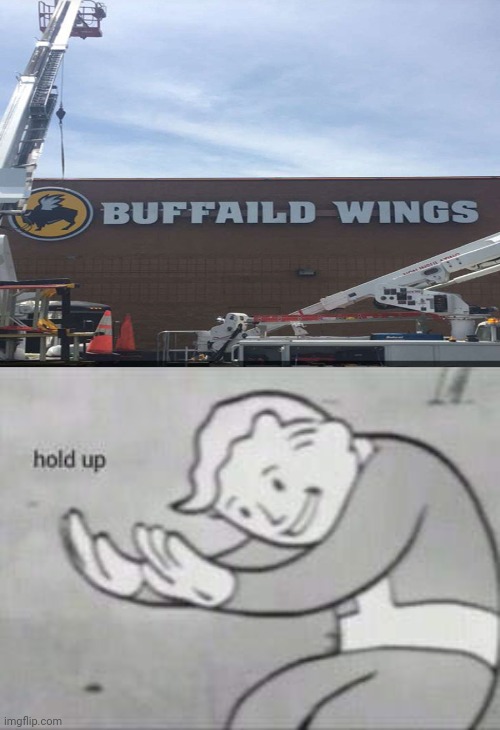 Hold up: Buffaild Wings; hmmmmmmmm | image tagged in fallout hold up,you had one job,funny,memes,wings,restaurant | made w/ Imgflip meme maker