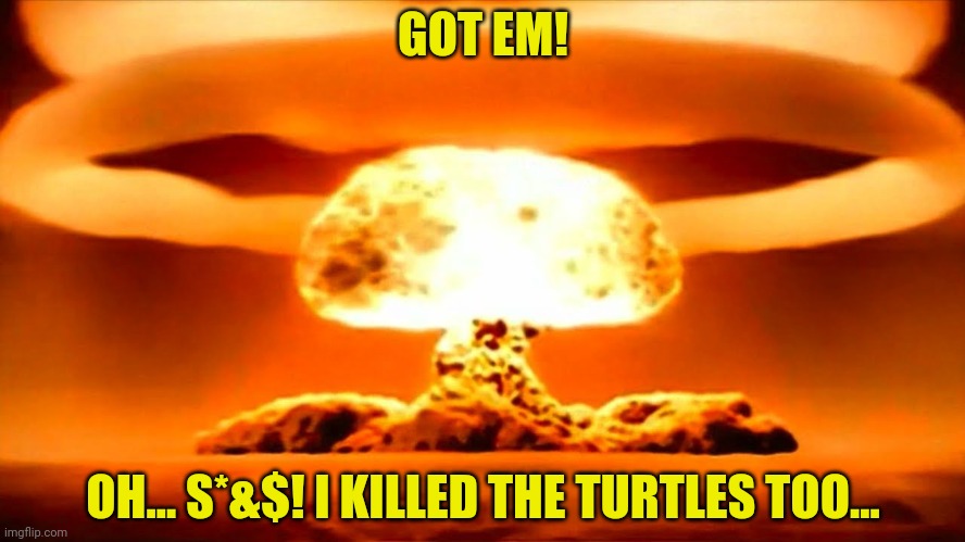 Nuke | GOT EM! OH... S*&$! I KILLED THE TURTLES TOO... | image tagged in nuke | made w/ Imgflip meme maker
