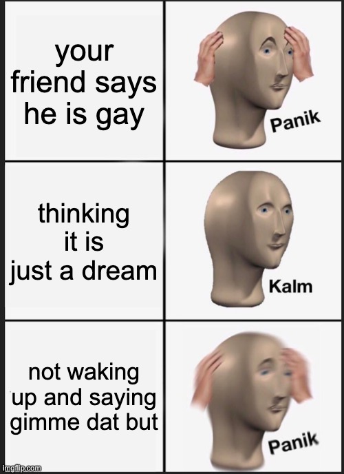 i allow nsfw now | your friend says he is gay; thinking it is just a dream; not waking up and saying gimme dat but | image tagged in memes,panik kalm panik | made w/ Imgflip meme maker