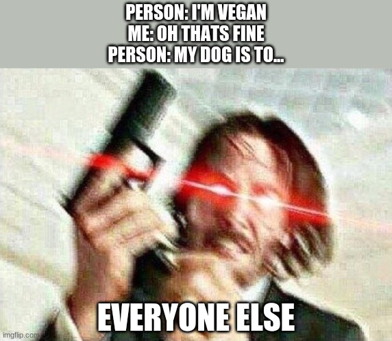 john wick meme | PERSON: I'M VEGAN
ME: OH THATS FINE
PERSON: MY DOG IS TO... EVERYONE ELSE | image tagged in john wick | made w/ Imgflip meme maker