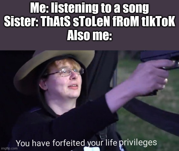 You have forfeited your life privileges | Me: listening to a song
Sister: ThAtS sToLeN fRoM tIkToK
Also me: | image tagged in you have forfeited your life privileges | made w/ Imgflip meme maker