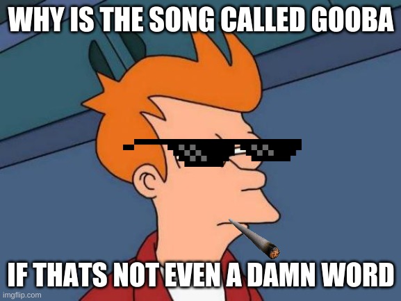 Sorry 69 | WHY IS THE SONG CALLED GOOBA; IF THATS NOT EVEN A DAMN WORD | image tagged in memes,futurama fry | made w/ Imgflip meme maker