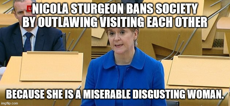 nicola sturgeon bans visiting each other |  NICOLA STURGEON BANS SOCIETY BY OUTLAWING VISITING EACH OTHER; BECAUSE SHE IS A MISERABLE DISGUSTING WOMAN. | image tagged in nicola sturgeon,scottish national party,scotland,socialism | made w/ Imgflip meme maker