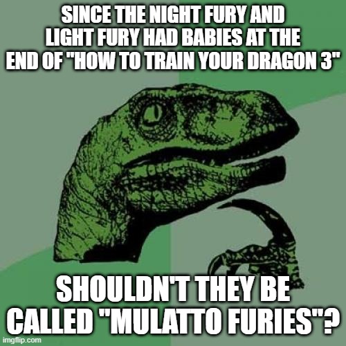 LOL | SINCE THE NIGHT FURY AND LIGHT FURY HAD BABIES AT THE END OF "HOW TO TRAIN YOUR DRAGON 3"; SHOULDN'T THEY BE CALLED "MULATTO FURIES"? | image tagged in memes,philosoraptor,funny,how to train your dragon 3,movies,race | made w/ Imgflip meme maker