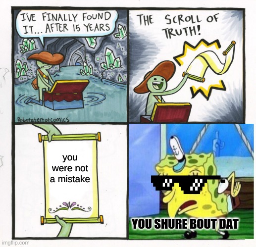 lol | you were not a mistake; YOU SHURE BOUT DAT | image tagged in memes,the scroll of truth | made w/ Imgflip meme maker