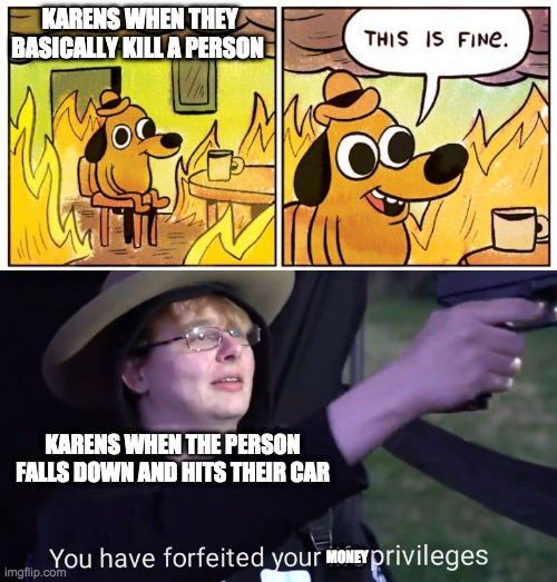 your money has been forfitid | KARENS WHEN THEY BASICALLY KILL A PERSON; KARENS WHEN THE PERSON FALLS DOWN AND HITS THEIR CAR; MONEY | image tagged in memes,this is fine,karens | made w/ Imgflip meme maker