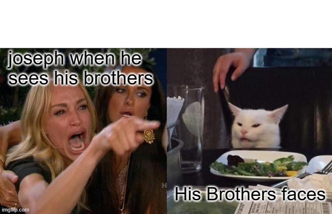 Woman Yelling At Cat | joseph when he sees his brothers; His Brothers faces | image tagged in memes,woman yelling at cat | made w/ Imgflip meme maker