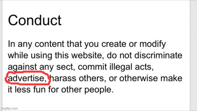 Technically, TOS prohibits "advertising" which also includes simply promoting other ImgFlip streams and content. I disagree. | image tagged in terms of use no advertising,terms and conditions,advertising,adverts,advertisement,meanwhile on imgflip | made w/ Imgflip meme maker