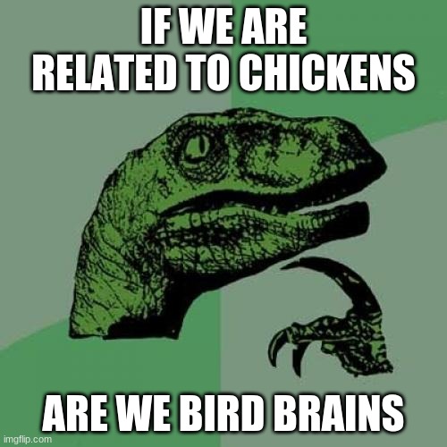 Philosoraptor Meme | IF WE ARE RELATED TO CHICKENS; ARE WE BIRD BRAINS | image tagged in memes,philosoraptor | made w/ Imgflip meme maker