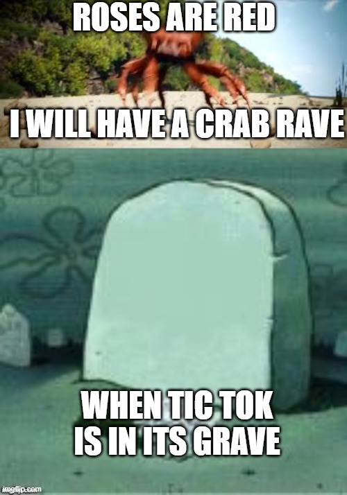 Kill Tictoc | ROSES ARE RED; I WILL HAVE A CRAB RAVE; WHEN TIC TOK IS IN ITS GRAVE | image tagged in crab rave,here lies x | made w/ Imgflip meme maker
