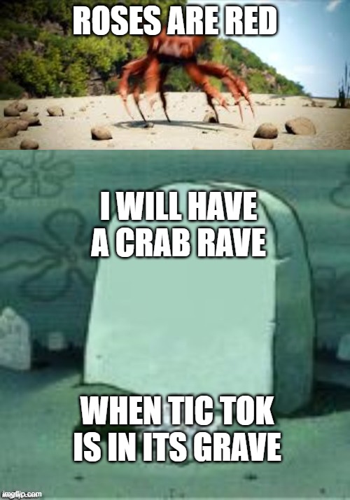 Crab Rave | ROSES ARE RED; I WILL HAVE A CRAB RAVE; WHEN TIC TOK IS IN ITS GRAVE | image tagged in crab rave,here lies x | made w/ Imgflip meme maker