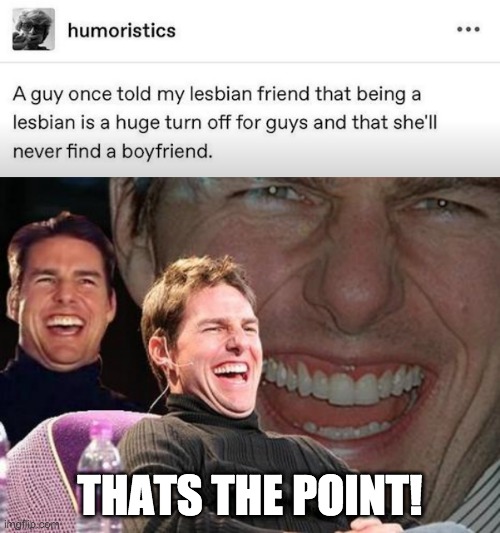 no context tumblr | THATS THE POINT! | image tagged in tom cruise laugh,lesbian | made w/ Imgflip meme maker