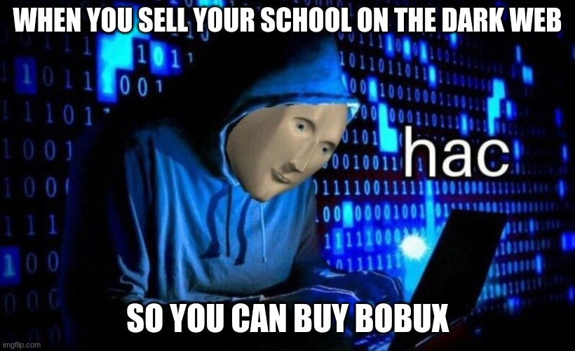 hac | WHEN YOU SELL YOUR SCHOOL ON THE DARK WEB; SO YOU CAN BUY BOBUX | image tagged in hac | made w/ Imgflip meme maker