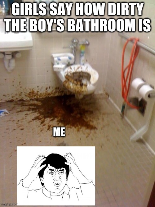 Girls poop too | GIRLS SAY HOW DIRTY THE BOY'S BATHROOM IS; ME | image tagged in girls poop too | made w/ Imgflip meme maker