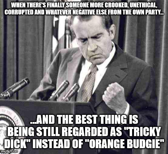 Not all Republicans are the same...somewhat | WHEN THERE'S FINALLY SOMEONE MORE CROOKED, UNETHICAL, CORRUPTED AND WHATEVER NEGATIVE ELSE FROM THE OWN PARTY... ...AND THE BEST THING IS BEING STILL REGARDED AS "TRICKY DICK" INSTEAD OF "ORANGE BUDGIE" | image tagged in nixon soul | made w/ Imgflip meme maker