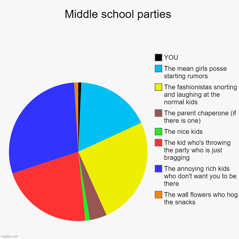 Middle school parties | The wall flowers who hog the snacks, The annoying rich kids who don't want you to be there, The kid who's throwing t | image tagged in charts,pie charts,parties,school | made w/ Imgflip chart maker