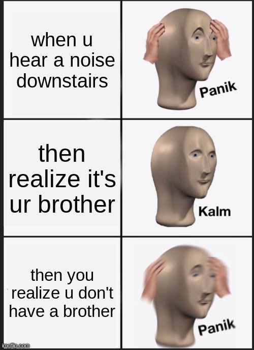 Panik Kalm Panik Meme | when u hear a noise downstairs; then  realize it's ur brother; then you realize u don't have a brother | image tagged in memes,panik kalm panik | made w/ Imgflip meme maker