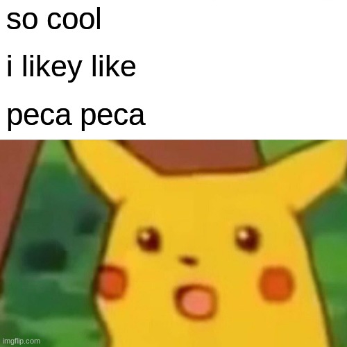 so cool i likey like peca peca | image tagged in memes,surprised pikachu | made w/ Imgflip meme maker
