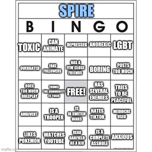 Blank Bingo Card | SPIRE; TOXIC; DEPRESSED; ANOREXIC; CAN ANIMATE; LGBT; HAS A FEW CLOSE FRIENDS; OVERRATED; POSTS TOO MUCH; BORING; FAKE FOLLOWERS; DOES TOO MUCH ROLEPLAY; HAS SEVERAL ENEMIES; THINKS THE COMMUNITY IS TOXIC; TRIES TO BE PEACEFUL; FREE! IS IN SWITCH WARS; IS A TROOPER; AMBIVERT; HATES TIKTOK; MEDIOCRE USER; LIKES POKEMON; IS A COMPLETE ASSHOLE; ANXIOUS; WATCHES YOUTUBE; READ GARFIELD AS A KID | image tagged in blank bingo card | made w/ Imgflip meme maker