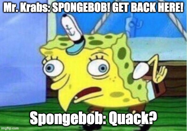 Mocking Spongebob Meme | Mr. Krabs: SPONGEBOB! GET BACK HERE! Spongebob: Quack? | image tagged in memes,mocking spongebob | made w/ Imgflip meme maker