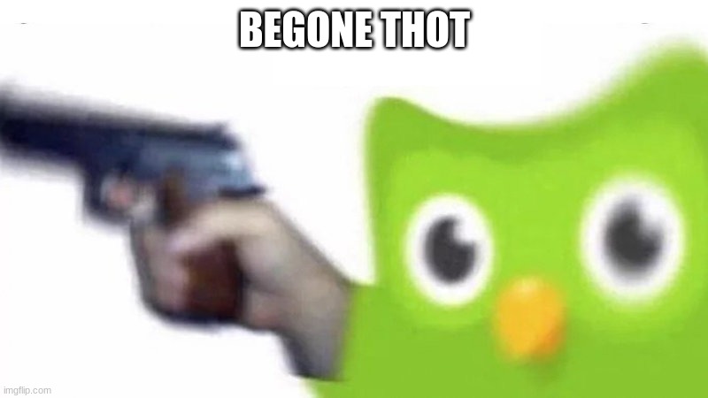 duolingo gun | BEGONE THOT | image tagged in duolingo gun | made w/ Imgflip meme maker