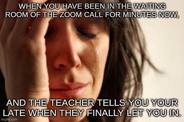 School zoom be like: | WHEN YOU HAVE BEEN IN THE WAITING ROOM OF THE ZOOM CALL FOR MINUTES NOW, AND THE TEACHER TELLS YOU YOUR LATE WHEN THEY FINALLY LET YOU IN. | image tagged in memes,first world problems,school,zoom | made w/ Imgflip meme maker