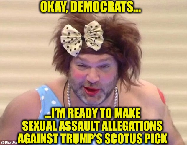 Here we go again... | OKAY, DEMOCRATS... ...I’M READY TO MAKE SEXUAL ASSAULT ALLEGATIONS AGAINST TRUMP’S SCOTUS PICK | image tagged in ruth bader ginsburg,president trump,scotus,democrats,memes,funny memes | made w/ Imgflip meme maker