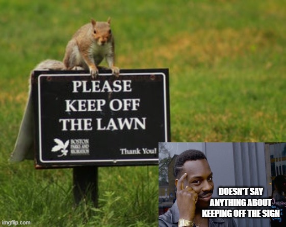 Technically the squirrel isn't in trouble | DOESN'T SAY ANYTHING ABOUT KEEPING OFF THE SIGN | image tagged in roll safe think about it,signs,smartass,memes | made w/ Imgflip meme maker