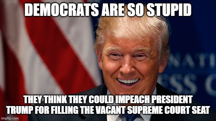 AKA impeach for doing nothing wrong or illegal by any means.. | DEMOCRATS ARE SO STUPID; THEY THINK THEY COULD IMPEACH PRESIDENT TRUMP FOR FILLING THE VACANT SUPREME COURT SEAT | image tagged in laughing donald trump,stupid liberals,democrats,president trump,trump 2020 | made w/ Imgflip meme maker